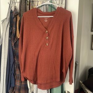 Rust Orange Waffle Knit Henley Top
